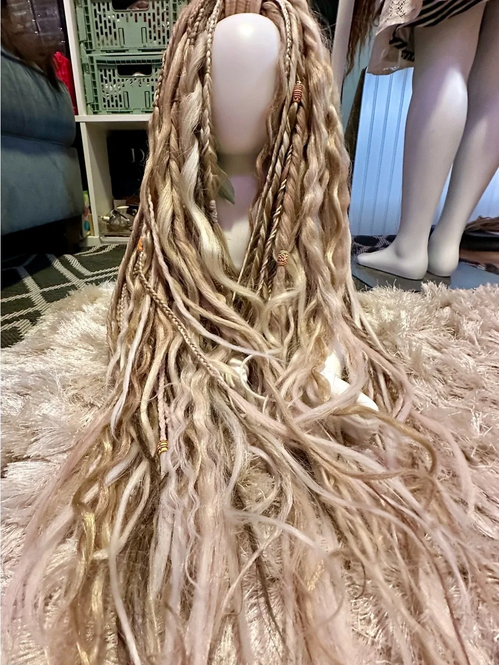 Boho Blonde Synthetic Dreadlock Hairpiece with Beads & Feathers - Picture 10 of 17